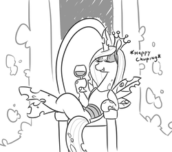 Size: 686x605 | Tagged: safe, artist:jargon scott, queen chrysalis, changeling, changeling queen, g4, alcohol, chirping, descriptive noise, drink, eyes closed, female, glass, grayscale, hoof hold, monochrome, simple background, sitting, solo, throne, white background, wine, wine glass