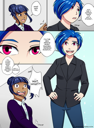 Size: 1100x1485 | Tagged: safe, artist:kare-valgon, dj pon-3, twilight sparkle, vinyl scratch, human, comic:gtvs, g4, comic, dark skin, great teacher vinyl scratch, humanized, light skin, moderate dark skin