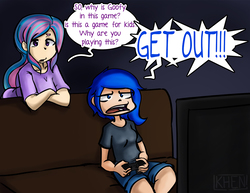 Size: 1002x775 | Tagged: safe, artist:kprovido, princess celestia, princess luna, human, gamer luna, g4, colored text, confused, controller, dark background, disney, humanized, kingdom hearts, luna is not amused, television, unamused, yelling