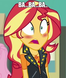 Size: 925x1079 | Tagged: safe, edit, edited screencap, screencap, sunset shimmer, equestria girls, equestria girls specials, g4, my little pony equestria girls: better together, my little pony equestria girls: forgotten friendship, blushing, image macro, meme, the loud house