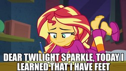 Size: 1920x1080 | Tagged: safe, edit, edited screencap, screencap, sunset shimmer, twilight sparkle, equestria girls, equestria girls specials, g4, my little pony equestria girls: better together, my little pony equestria girls: forgotten friendship, barefoot, bed, book, feet, female, image macro, meme, solo