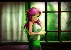 Size: 1414x1000 | Tagged: safe, artist:the-park, fluttershy, human, equestria girls, g4, curtains, female, looking at you, solo, window