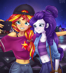Size: 1400x1550 | Tagged: safe, artist:tcn1205, rarity, sunset shimmer, human, equestria girls, g4, alternate hairstyle, belly button, cellphone, clothes, duo, grin, hat, humanized, midriff, night, off shoulder, phone, pony coloring, purse, selfie, shirt, short shirt, smiling, starry night, stars