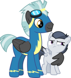 Size: 5458x6000 | Tagged: safe, artist:chainchomp2, rumble, thunderlane, pegasus, pony, g4, marks and recreation, .svg available, absurd resolution, alternate versions at source, brothers, clothes, colt, goggles, hug, male, simple background, stallion, transparent background, uniform, vector, wing hands, winghug, wonderbolts uniform