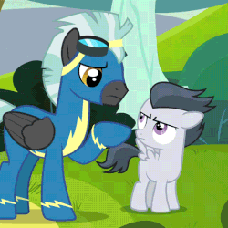 Size: 480x480 | Tagged: safe, screencap, rumble, thunderlane, pegasus, pony, g4, marks and recreation, animated, brothers, clothes, colt, duo, gif, goggles, hug, male, stallion, uniform, wing hands, winghug, wonderbolts uniform