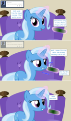 Size: 1280x2168 | Tagged: safe, artist:hakunohamikage, trixie, pony, ask-princesssparkle, g4, ask, chocolate, cucumber, female, food, magic, misspelling, pregnancy cravings, pregnant, solo, tumblr