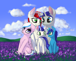 Size: 1024x825 | Tagged: safe, artist:thelittlesnake, oc, oc only, earth pony, pegasus, pony, unicorn, biting, chest fluff, cloud, colt, female, filly, flower, male, mare, scenery, sitting, stallion, tail bite