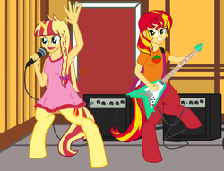 Size: 5486x4182 | Tagged: safe, artist:oneovertwo, oc, oc only, oc:evenfall, oc:eventide, satyr, absurd resolution, armpits, guitar, microphone, offspring, parent:sunset shimmer