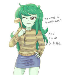 Size: 2952x3543 | Tagged: safe, artist:sumin6301, wallflower blush, equestria girls, equestria girls series, forgotten friendship, g4, brass knuckles, clothes, cute, dave finlay, dialogue, freckles, hand on hip, high res, miniskirt, one eye closed, shillelagh, simple background, skirt, sweater, white background, wink