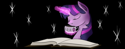 Size: 900x356 | Tagged: safe, artist:bellalysewinchester, twilight sparkle, pony, g4, book, coffee cup, cup, eyes closed, female, glowing horn, horn, magic, mare, solo, telekinesis