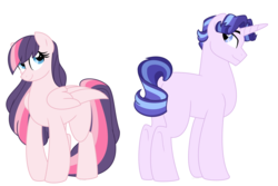Size: 1500x1000 | Tagged: safe, artist:faith-wolff, oc, oc only, pegasus, pony, unicorn, commission, duo, female, magical lesbian spawn, male, mare, offspring, parent:fluttershy, parent:rarity, parent:starlight glimmer, parent:twilight sparkle, parents:twishy, simple background, stallion, white background