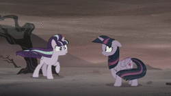 Size: 1280x720 | Tagged: safe, edit, screencap, starlight glimmer, twilight sparkle, alicorn, pony, g4, shadow play, the cutie re-mark, alternate timeline, angry, animated, ashlands timeline, barren, close-up, female, frown, glare, implied genocide, post-apocalyptic, sound, tree, twilight sparkle (alicorn), wasteland, webm, windswept mane