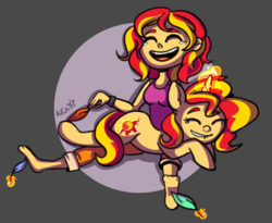 Size: 1527x1251 | Tagged: safe, artist:colouredteapot, sunset shimmer, human, pony, unicorn, equestria girls, g4, barefoot, clothes, crying, cute, duo, eyes closed, feather, feet, female, fetish, foot fetish, glowing horn, hoof fetish, horn, human ponidox, laughing, lip bite, mare, open mouth, self ponidox, shimmerbetes, tank top, tears of laughter, teary eyes, tickle torture, tickling