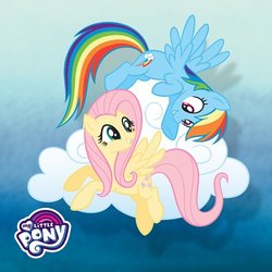 Size: 500x500 | Tagged: dead source, safe, fluttershy, rainbow dash, pegasus, pony, g4, official, cloud, drop shadow, duo, duo female, female, mare, my little pony logo, shipping fuel, smiling