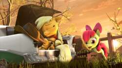 Size: 7680x4320 | Tagged: safe, artist:calveen, apple bloom, applejack, bird, earth pony, pony, g4, 3d, absurd resolution, adorabloom, car, chromatic aberration, cider, cloud, cowboy hat, crossed hooves, cute, evening, eyes closed, female, fence, filly, floppy ears, grass, hat, jackabetes, lens flare, mare, newspaper, radio, rock, scenebuild, sleeping, source filmmaker, sun, tongue out, tree