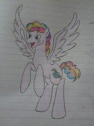 Size: 3240x4320 | Tagged: safe, artist:thr3eguess3s, oc, oc only, oc:joker, pegasus, pony, high res, lined paper, magical lesbian spawn, male, offspring, parent:pinkie pie, parent:rainbow dash, parents:pinkiedash, solo, stallion, traditional art