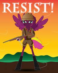 Size: 795x1005 | Tagged: safe, artist:billy2345, oc, oc:crystal, pegasus, semi-anthro, angry, bandage, bruised, clothes, encouragement, female, frown, gun, helmet, implied fight, injured, messy mane, rifle, soldier, support, text, uniform, weapon