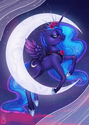 Size: 2332x3300 | Tagged: safe, artist:lilyluxe, princess luna, pony, g4, chibi, crown, female, flower, flower in hair, high res, jewelry, moon, regalia, rose, solo