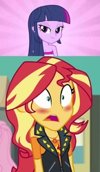 Size: 788x1362 | Tagged: safe, editor:backgroundlol, sunset shimmer, twilight sparkle, equestria girls, equestria girls specials, g4, my little pony equestria girls, my little pony equestria girls: better together, my little pony equestria girls: forgotten friendship, blushing, clothes, dress, fall formal outfits, female, lesbian, lidded eyes, looking at each other, ship:sunsetsparkle, shipping, smiling
