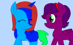 Size: 1280x800 | Tagged: safe, artist:jazzystarlover, oc, oc only, oc:crystal (sch01), alicorn, pegasus, pony, alicorn oc, duo, eyes closed, happy, looking at each other, looking back, ponysona, simple background, smiling, walking