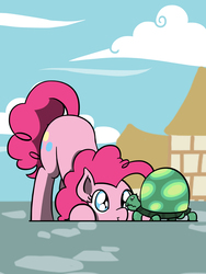 Size: 1350x1800 | Tagged: safe, artist:flutterluv, pinkie pie, tank, earth pony, pony, tortoise, g4, 2018, behaving like a dog, cute, diapinkes, female, looking at each other, mare, ponified animal photo, ponyville, smiling