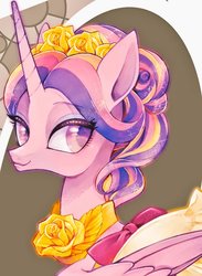 Size: 457x625 | Tagged: safe, artist:sibashen, princess cadance, alicorn, pony, g4, bow, clothes, dress, female, headband, looking at you, makeup, mare, solo