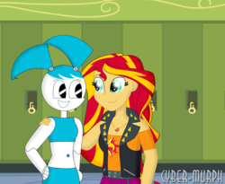 Size: 2479x2032 | Tagged: safe, artist:cyber-murph, sunset shimmer, robot, equestria girls, g4, bare shoulders, canterlot high, clothes, crossover, geode of empathy, hallway, hand on hip, hand on shoulder, high res, jenny wakeman, lockers, midriff, my life as a teenage robot, signature