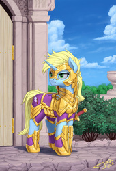 Size: 2000x2934 | Tagged: safe, artist:1jaz, oc, oc only, oc:art's desire, pony, unicorn, armor, cloud, cutie mark on clothes, female, guardsmare, high res, looking at you, mare, royal guard, royal guard armor, scenery, solo, sword, weapon