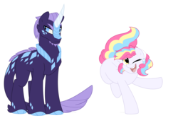 Size: 1500x1000 | Tagged: safe, artist:faith-wolff, oc, oc only, dracony, earth pony, hybrid, pony, colored hooves, commission, duo, facial hair, female, goatee, interspecies offspring, magical lesbian spawn, male, mare, offspring, one eye closed, parent:pinkie pie, parent:rainbow dash, parent:rarity, parent:spike, parents:pinkiedash, parents:sparity, scales, simple background, stallion, unshorn fetlocks, white background