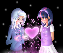 Size: 2400x2000 | Tagged: safe, artist:rmariansj, trixie, twilight sparkle, human, g4, clothes, female, hands behind back, heart, high res, humanized, lesbian, open mouth, ship:twixie, shipping