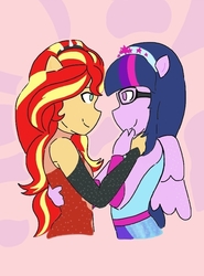 Size: 703x948 | Tagged: safe, artist:horsegirlpodcast, sci-twi, sunset shimmer, twilight sparkle, equestria girls, equestria girls specials, g4, my little pony equestria girls: better together, my little pony equestria girls: forgotten friendship, female, lesbian, looking at each other, ponied up, ship:sci-twishimmer, ship:sunsetsparkle, shipping, smiling