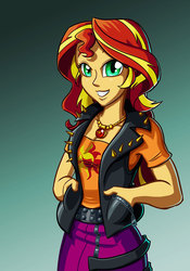 Size: 882x1260 | Tagged: safe, artist:sanity-x, sunset shimmer, equestria girls, equestria girls series, forgotten friendship, g4, clothes, female, gradient background, smiling, solo, spikes