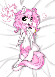Size: 2480x3507 | Tagged: safe, artist:saralien, oc, oc only, oc:saralien, pegasus, pony, bed, blushing, coat markings, cute, dialogue, ear fluff, female, frog (hoof), heart, heart eyes, high res, looking at you, looking back, looking back at you, lying down, mare, on bed, open mouth, pillow, prone, solo, underhoof, wingding eyes
