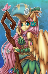 Size: 1155x1785 | Tagged: safe, artist:bumblebun, part of a set, fluttershy, butterfly, pegasus, anthro, a health of information, g4, blue background, druid, fantasy class, female, flower, flower in hair, flutterdruid, healer's mask, hope, leaf clothing, looking at you, looking back, looking over shoulder, mare, mask, simple background, solo, staff, watermark