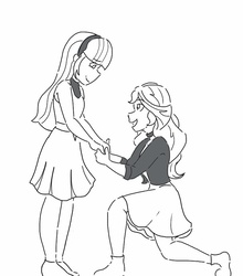 Size: 768x872 | Tagged: safe, artist:horsegirlpodcast, sunset shimmer, twilight sparkle, equestria girls, g4, alternate clothes, clothes, female, headband, holding hands, kneeling, lesbian, looking at each other, looking down, marriage proposal, ship:sunsetsparkle, shipping, skirt, smiling