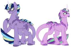 Size: 1500x1000 | Tagged: safe, artist:faith-wolff, oc, oc only, dracony, hybrid, pony, commission, duo, glasses, half-siblings, interspecies offspring, male, offspring, parent:spike, parent:starlight glimmer, parent:twilight sparkle, parents:sparlight, parents:twispike, raised hoof, scales, simple background, stallion, unshorn fetlocks, white background