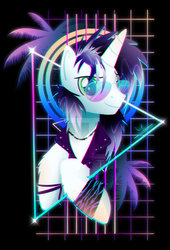 Size: 600x880 | Tagged: safe, artist:ii-art, oc, oc only, oc:vocal score, pony, unicorn, bust, neon, portrait, retrowave, smiling, solo, synthwave