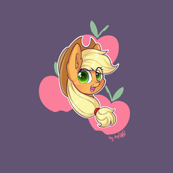 Size: 2300x2300 | Tagged: safe, artist:dsp2003, part of a set, applejack, earth pony, pony, g4, blushing, bust, cutie mark background, ear fluff, female, hat, high res, looking at you, mare, open mouth, purple background, signature, simple background, solo, white outline
