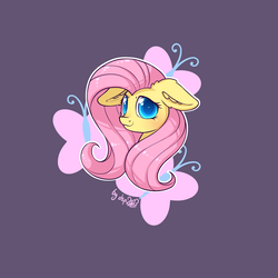 Size: 2300x2300 | Tagged: safe, artist:dsp2003, part of a set, fluttershy, pegasus, pony, g4, blushing, bust, cute, cutie mark background, ear fluff, female, floppy ears, high res, looking at you, mare, purple background, shyabetes, signature, simple background, solo, white outline