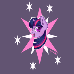 Size: 2300x2300 | Tagged: safe, artist:dsp2003, part of a set, twilight sparkle, pony, unicorn, g4, blushing, bust, cutie mark background, ear fluff, female, high res, looking at you, mare, open mouth, profile, purple background, signature, simple background, solo, white outline