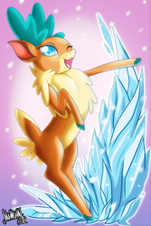 Size: 2667x4000 | Tagged: safe, artist:danmakuman, velvet (tfh), deer, reindeer, them's fightin' herds, community related, female, high res, ice, one eye closed, open mouth, open smile, smiling, solo, wink