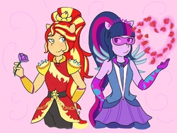 Size: 1024x768 | Tagged: safe, artist:horsegirlpodcast, sci-twi, sunset shimmer, twilight sparkle, equestria girls, g4, my little pony equestria girls: legend of everfree, crystal guardian, female, flower, heart, lesbian, looking at each other, rose, ship:sci-twishimmer, ship:sunsetsparkle, shipping, smiling