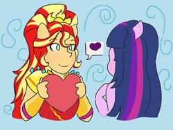 Size: 1024x768 | Tagged: safe, artist:horsegirlpodcast, sunset shimmer, twilight sparkle, equestria girls, g4, my little pony equestria girls: legend of everfree, crystal guardian, female, heart, lesbian, pictogram, ponied up, present, ship:sunsetsparkle, shipping, smiling