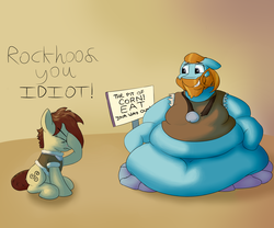 Size: 3000x2500 | Tagged: safe, artist:lupin quill, rockhoof, steela oresdotter, earth pony, pony, g4, legends of magic #2, my little pony: legends of magic, spoiler:comic, belly, belly button, bhm, big belly, clothes, corn, dialogue, duo, facehoof, facial hair, fat, female, food, grin, high res, male, mare, morbidly obese, obese, pit of corn, rolls of fat, scene interpretation, sign, smiling, stallion, stuck, stupidity, tight clothing, triskelion, wardrobe malfunction