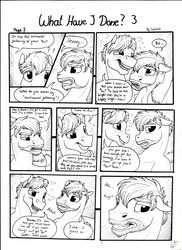 Size: 2550x3506 | Tagged: safe, artist:lupiarts, oc, oc only, oc:daxter, oc:ron nail, pegasus, pony, comic:what have i done, black and white, cider, comic, drunk, duo, grayscale, high res, male, monochrome, mug, sad, speech bubble, stallion, traditional art