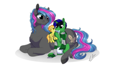 Size: 3840x2160 | Tagged: safe, artist:lupiarts, spitfire, oc, oc only, oc:lupi, oc:obabscribbler, pony, g4, baby, baby pony, cel shading, clothes, cute, diaper, family, female, filly, foal, high res, mother, plushie, scarf, simple background, smiling, transparent background