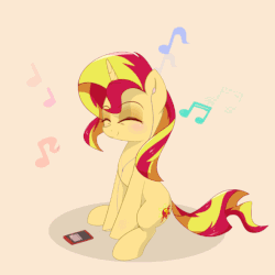 Size: 590x590 | Tagged: safe, artist:puetsua, artist:szafir87, sunset shimmer, pony, unicorn, g4, 2d, animated, blushing, cute, deviantart link, earbuds, eyes closed, female, gif, happy, headbob, headphones, listening to music, looking left, loop, mare, mp3 player, music notes, orange background, orange skin, perfect loop, shimmerbetes, simple background, sitting, smiling, solo, szafir87 is trying to murder us, two toned hair