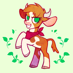 Size: 1500x1500 | Tagged: safe, artist:dawnfire, arizona (tfh), cow, them's fightin' herds, abstract background, bandana, cloven hooves, community related, female, green background, leaves, looking at you, no pupils, rearing, simple background, smiling, solo