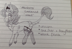 Size: 2389x1637 | Tagged: safe, artist:maximumbark, oc, oc only, oc:princess garbage, pony, unicorn, lined paper, monochrome, solo, text, traditional art