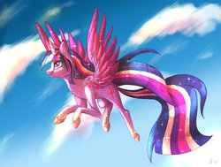 Size: 1600x1212 | Tagged: safe, artist:crystalleye, twilight sparkle, alicorn, pony, g4, cloud, female, flying, mare, multicolored hair, rainbow power, sky, smiling, solo, twilight sparkle (alicorn)